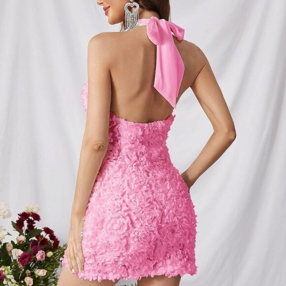 Pink Boho Womens Solid Tie Backless Halter Dress - Picture 3 of 5